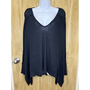 Free People Women's Black Waffle Knit Asymmetrical Oversized Pullover Size Med